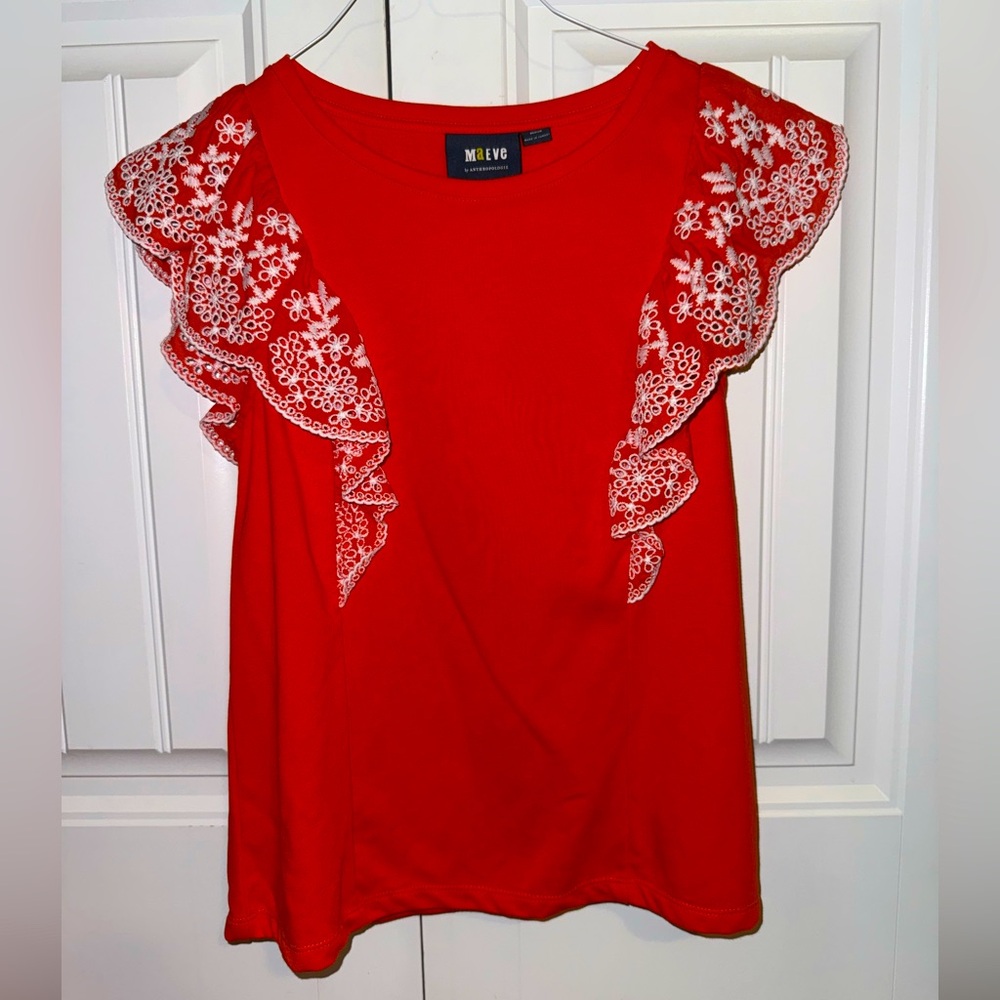 Anthropologie Maeve Red-Orange Ruffle Eyelet Floral Lace Top Women’s Medium